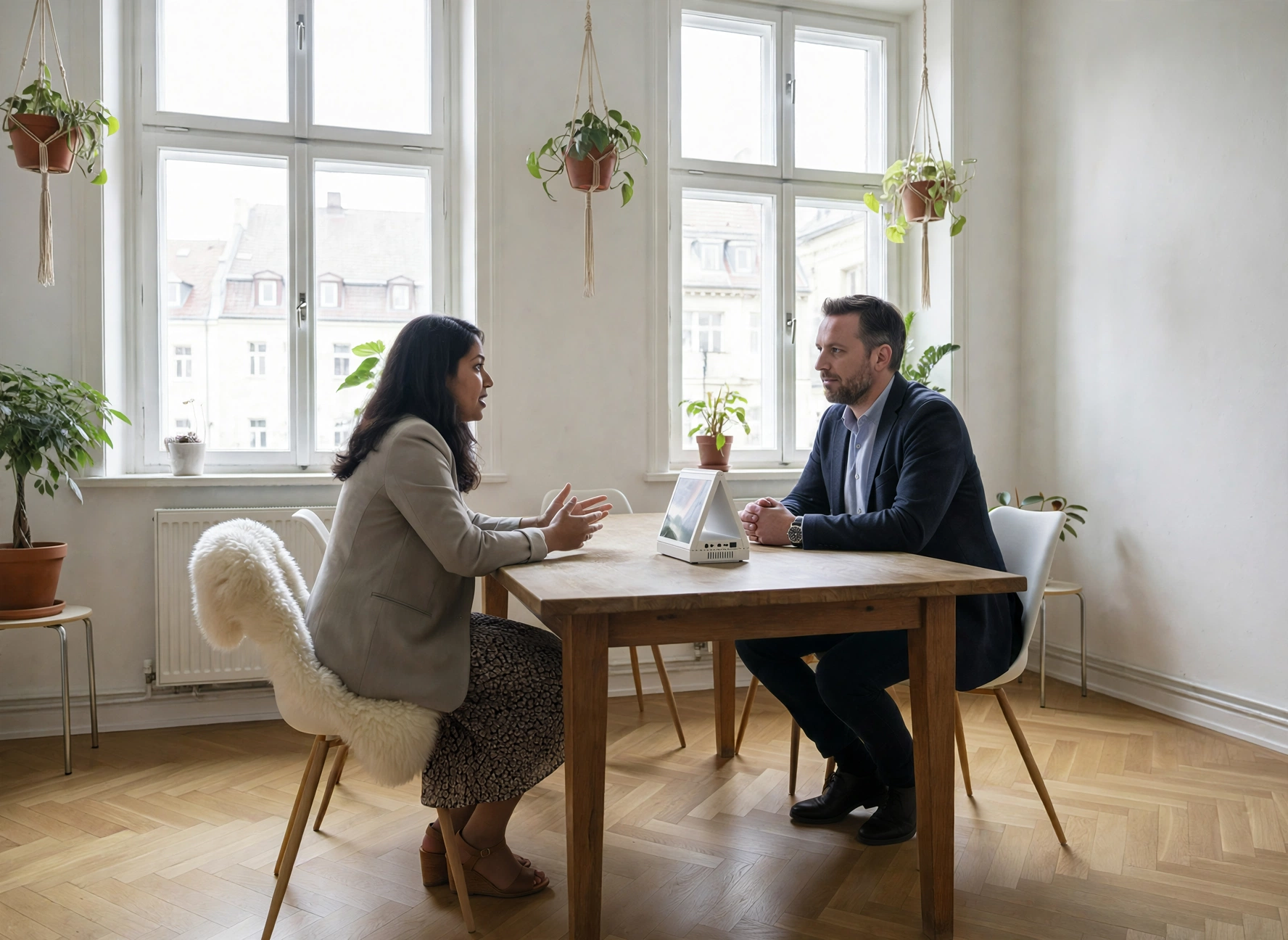 Two people conversing across a table with the Dual Translator between them
